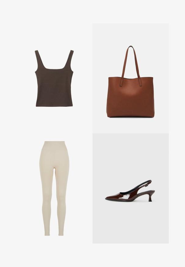 Top senza maniche marrone con scollo quadrato, realizzato in tessuto morbido ed elastico. Presenta un design aderente e cuciture piatte.; Leggings beige realizzati in tessuto elasticizzato con vita alta; texture liscia, silhouette aderente, senza motivi visibili o dettagli hardware.; Scarpa slingback in pelle verniciata marrone con punta affusolata e tacco moderato. Presenta una fascia con fibbia per una calzata sicura. Tessuto liscio.; Borsa tote in pelle marrone con texture liscia, design con apertura superiore e due spallacci. Presenta cuciture minime e nessun hardware visibile.