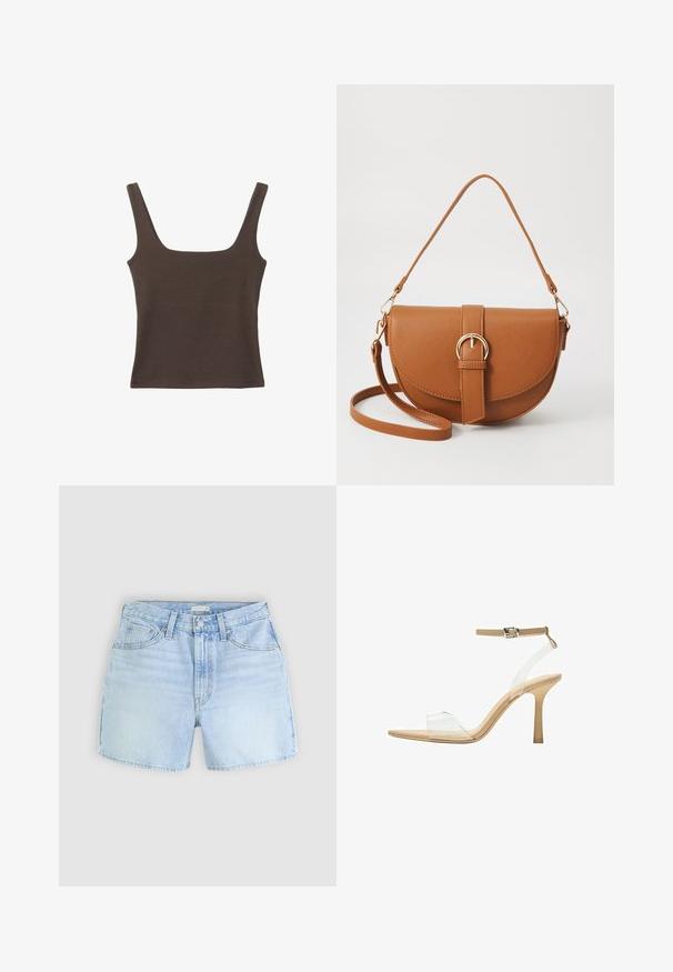 Ruskea hihaton toppi, jossa on neliönmuotoinen kaula-aukko, valmistettu pehmeästä ja joustavasta kankaasta. Ominaisuuksiin kuuluu istuva muotoilu ja sileät saumat.; Vaaleansiniset farkkushortsit, joissa on viisi taskua, nappisuljenta ja hieman risattu helma. Kangas näyttää pehmeältä ja teksturoidulta.; Kirkas korkokenkä läpinäkyvällä varrella, beigellä pohjalla ja hoikalla nilkkahihnalla. Ominaisuuksiin kuuluu terävä kärki ja ohut korkea korko.; Ruskean nahkainen olkalaukku, jossa on kaareva muoto, kultaiset yksityiskohdat ja solkiyksityiskohta. Varustettu irrotettavalla olkahihnalla.