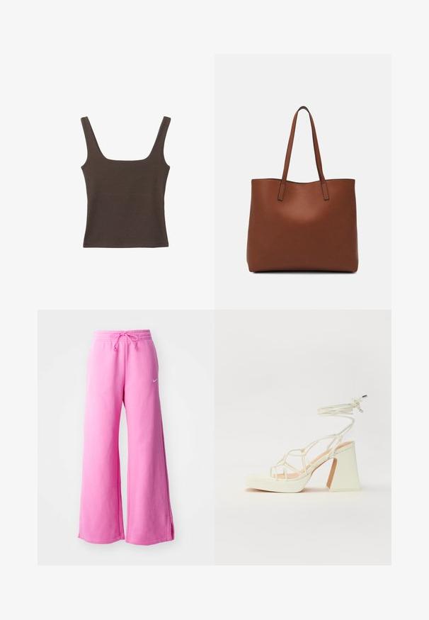 Rjava brezrokavna majica s kvadratnim izrezom, narejena iz mehkega, elastičnega materiala. Ima oprijet kroj in ravne šive.; Roza široke trenirke iz mehkega bombaža, z vrvico za prilagajanje v pasu in majhnim belim logotipom spredaj.; Bela sandala na visokih petah s debelim petam, ki ima obliko trakcev in vezanje okoli gležnja. Gladka tekstura z platformo spredaj za dodatno višino.; Rjava usnjena torba z gladko teksturo, odprto zasnovo zgoraj in dvema naramnima trakovoma. Opremljena je z minimalnim šivanjem in brez vidnih kovinskih delov.