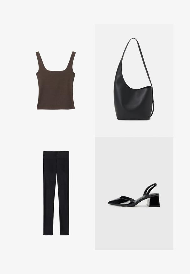 Brun ærmeløs top med firkantet udskæring, lavet af blød, strækbar stof. Har et tætsiddende design og flade sømme.; Sorte leggings lavet af strækbart stof; har en glat overflade, fuld længde design og en elastisk talje uden synlige sømme.; Sorte patentlæder slingback hæle med spids tå og en geometrisk blok hæl. Har et elegant, minimalistisk design og en glat tekstur.; Sort læder hobo taske med en glat overflade, buet form og en enkelt justerbar rem; har en bred åbning øverst.