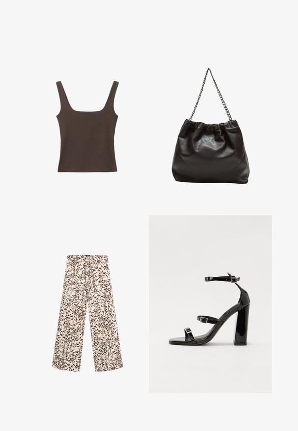 Haut sans manches marron avec un décolleté carré, fabriqué à partir d'un tissu doux et extensible. Présente un design ajusté et des coutures plates.; Pantalons larges en tissu crème clair avec un motif de taches brunes. Présentent une taille à cordon de serrage et une texture lisse et douce.; Sandales à talons vernies noires avec un bout carré, des sangles autour de la cheville et des boucles en argent. Dotées d'un talon bloc épais pour plus de stabilité.; Sac en cuir marron avec un haut froncé et une bandoulière en chaîne. Texture lisse avec une finition brillante et des coutures subtiles sur les côtés.