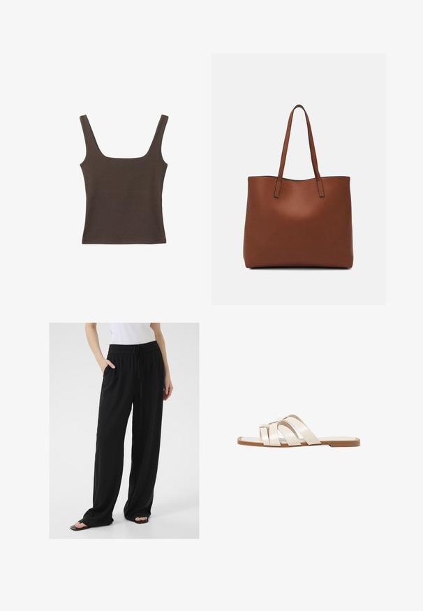 Hnedý bezrúškový top so štvorcovým výstrihom, vyrobený z mäkkého, elastického materiálu. Má priliehavý strih a ploché švy.; Čierne, voľné nohavice vyrobené z mäkkej látky s elastickým pásom, nastaviteľnou šnúrkou a bočnými vreckami. Nohavice s rozšírenými nohavicami.; Ploché sandále s hnedou gumovou podrážkou, navrhnuté s tromi prekrývajúcimi sa bielymi koženými popruhmi a malou mašličkou uprostred.; Hnedá kožená taška na rameno s hladkou textúrou, otvoreným vrchom a dvoma ramenými popruhmi. Má minimálne šitia a žiadne viditeľné kovania.