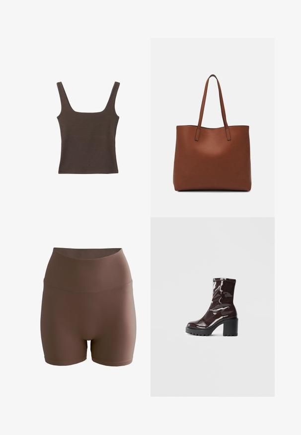Bruine tanktop zonder mouwen met een vierkante halslijn, gemaakt van zachte, rekbare stof. Heeft een aansluitend ontwerp en platte naden.; aim’n® SHAPE SEAMLESS - Shorts - brown; Glanzende bordeauxrode enkelboot met een chunky zwarte hak, met een gladde textuur en een eenvoudig ontwerp. Geen zichtbare sluitingen of patronen.; Bruine leren tote bag met een gladde textuur, een ontwerp met een open bovenkant en twee schouderbanden. Kenmerkt zich door minimale stiksels en geen zichtbare hardware.