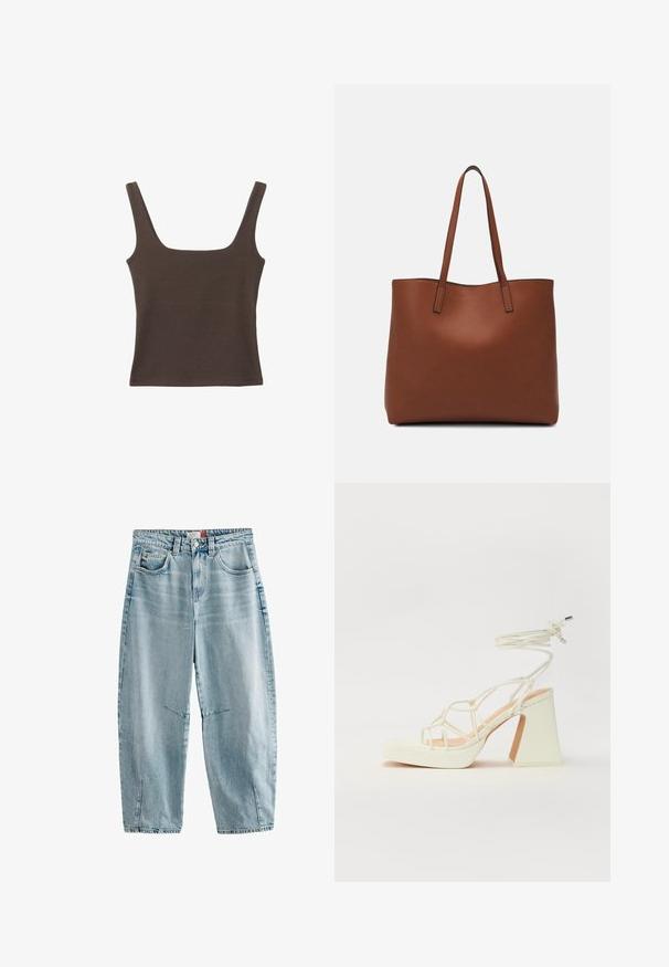 Hnedý bezrúškový top so štvorcovým výstrihom, vyrobený z mäkkého, elastického materiálu. Má priliehavý strih a ploché švy.; Svetlomodré denimové džínsy s vysokým pásom, voľným strihom, dvoma prednými vreckami, jemným vyblednutím a bočnými rozparkom na leme.; Biele sandále na vysokom opätku s hrubým podpätkom, s pruhovaným dizajnom a viazaním na členku. Hladký povrch s platformou vpredu pre zvýšenú výšku.; Hnedá kožená taška na rameno s hladkou textúrou, otvoreným vrchom a dvoma ramenými popruhmi. Má minimálne šitia a žiadne viditeľné kovania.