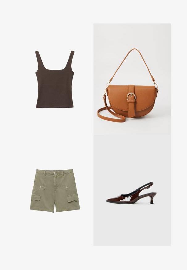 Hnedý bezrúškový top so štvorcovým výstrihom, vyrobený z mäkkého, elastického materiálu. Má priliehavý strih a ploché švy.; Cargo šortky v olivovozelenej bavlne s dvoma prednými vreckami, jedným bočným vreckom a kovovou gombíkovou uzávierkou. Hladká textúra a upravený strih.; Hnedá lakovaná slingback obuv s špicatou špičkou a mierne vysokým opätkom. Obsahuje pracku pre bezpečné upevnenie. Hladká textúra.; Hnedá kožená kabelka cez telo s zakriveným tvarom, zlatými kovovými doplnkami a akcentom s prackou. Obsahuje odnímateľný ramenný popruh.