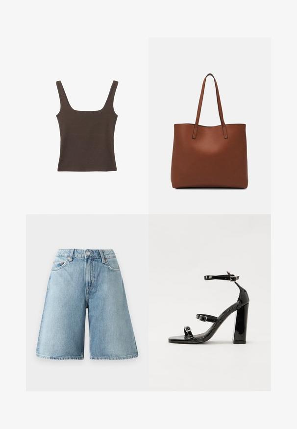 Smešani smeđi top bez rukava sa kvadratnim izrezom, izrađen od mekanog, rastezljivog materijala. Ima kroj koji se uklapa i ravne šavne.; Svijetloplave traper šortsevi s opuštenim krojem, srednje visokim strukom, pet džepova i kontrastnim detaljima šavova. Tkanina ima mekanu teksturu.; Crne lakirane sandale na pete sa kvadratnim nosom, trakama oko gležnja i srebrnim kopčama. Imaju čvrst blok petu za stabilnost.; Smeđa kožna torba preko ramena s glatkom teksturom, otvorenim vrhom i dvjema naramenicama. Ima minimalne šavove i nema vidljivog hardvera.