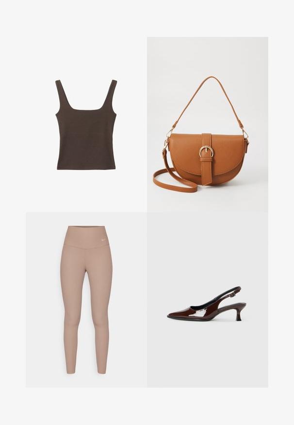Top senza maniche marrone con scollo quadrato, realizzato in tessuto morbido ed elastico. Presenta un design aderente e cuciture piatte.; Leggings a vita alta, a coste, di colore marrone chiaro, con una cintura liscia e un delicato logo sulla vita, con una silhouette aderente.; Scarpa slingback in pelle verniciata marrone con punta affusolata e tacco moderato. Presenta una fascia con fibbia per una calzata sicura. Tessuto liscio.; Borsa a tracolla in pelle marrone con forma curvata, hardware dorato e un dettaglio con fibbia. Presenta una tracolla rimovibile.