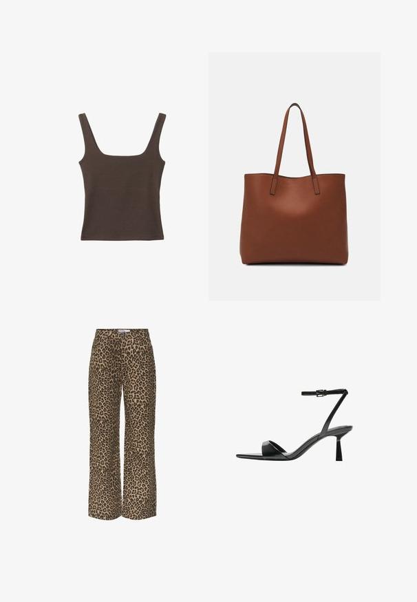 Smešani smeđi top bez rukava sa kvadratnim izrezom, izrađen od mekanog, rastezljivog materijala. Ima kroj koji se uklapa i ravne šavne.; Hlače širokih nogavica s uzorkom leoparda u nijansama smeđe i crne boje, s klasičnim pojasom i ležernim, slobodnim krojem.; Bershka Sandale s visokom petom - black; Smeđa kožna torba preko ramena s glatkom teksturom, otvorenim vrhom i dvjema naramenicama. Ima minimalne šavove i nema vidljivog hardvera.