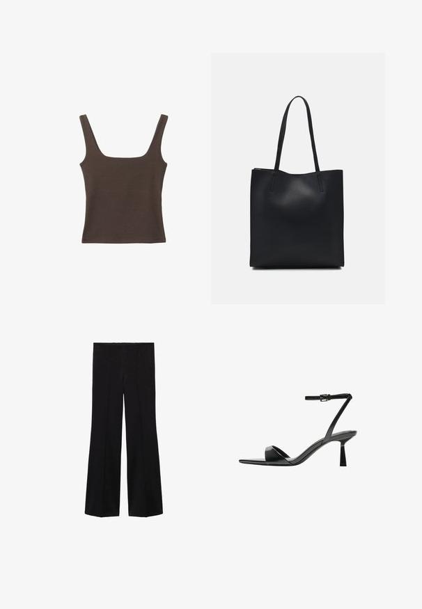 Bruine tanktop zonder mouwen met een vierkante halslijn, gemaakt van zachte, rekbare stof. Heeft een aansluitend ontwerp en platte naden.; Zwarte hoge taille broeken met brede pijpen en voornaaddetails, gemaakt van een gladde stof.; Bershka Sandalen met hoge hak - black; Zwarte leren handtas met een gladde textuur, rechthoekige vorm en twee lange handvaten. Geen zichtbare hardware of versieringen.
