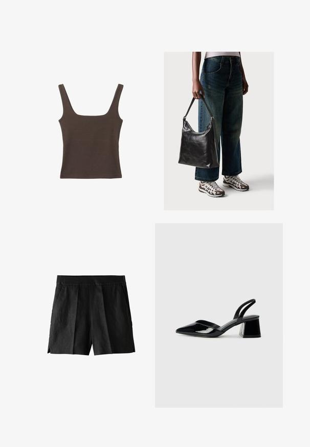 Ruskea hihaton toppi, jossa on neliönmuotoinen kaula-aukko, valmistettu pehmeästä ja joustavasta kankaasta. Ominaisuuksiin kuuluu istuva muotoilu ja sileät saumat.; Mustatpellavashortsit, joissa on pleatattu etuosa, sivutaskut ja rento malli. Kangas on sileäpintainen ja suunnittelu on rentoa.; Mustat patentoitu nahkakengät, joissa on säären takaosa ja terävä kärki, sekä geometrinen palikkakorko. Sisältää tyylikkään, minimalistisen muotoilun ja sileän pinnan.; Musta nahkainen olkalaukku, jossa on sileä pinta ja säädettävä hihna, yhdistettynä haalistuneisiin leveälahkeisiin farkkuihin ja urheilukenkien kanssa.