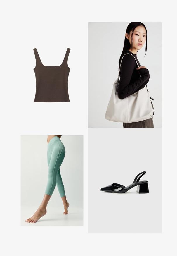 Hnědý bezramínkový top se čtvercovým výstřihem vyrobený z měkké, elastické tkaniny. Má přiléhavý design a ploché švy.; Mint zelené legíny vyrobené z hladké, elastické látky, s přiléhavým střihem a švy po stranách, mají středně vysoký pas.; Černé lakované kožené lodičky na pásku s špičatou špičkou a geometrickým blokovým podpatkem. Vyznačují se elegantním, minimalistickým designem a hladkým povrchem.; Beige kabelka vyrobená z měkkého materiálu, s volným designem, prošívanými detaily a dvěma ramenními popruhy. Vhodná pro každodenní použití.