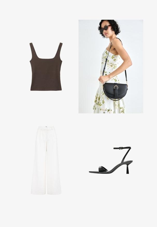 Brun ærmeløs top med firkantet udskæring, lavet af blød, strækbar stof. Har et tætsiddende design og flade sømme.; Bredde benbukser lavet af letvægtsmateriale, der har en ren hvid farve, høj talje og foldet frontdesign for ekstra detaljer.; Bershka Højhælede sandaletter / Højhælede sandaler - black; Sort læderhåndtaske med en buet form, aftagelig rem og guldfinish. Tasken har en klap med en spænde detalje.