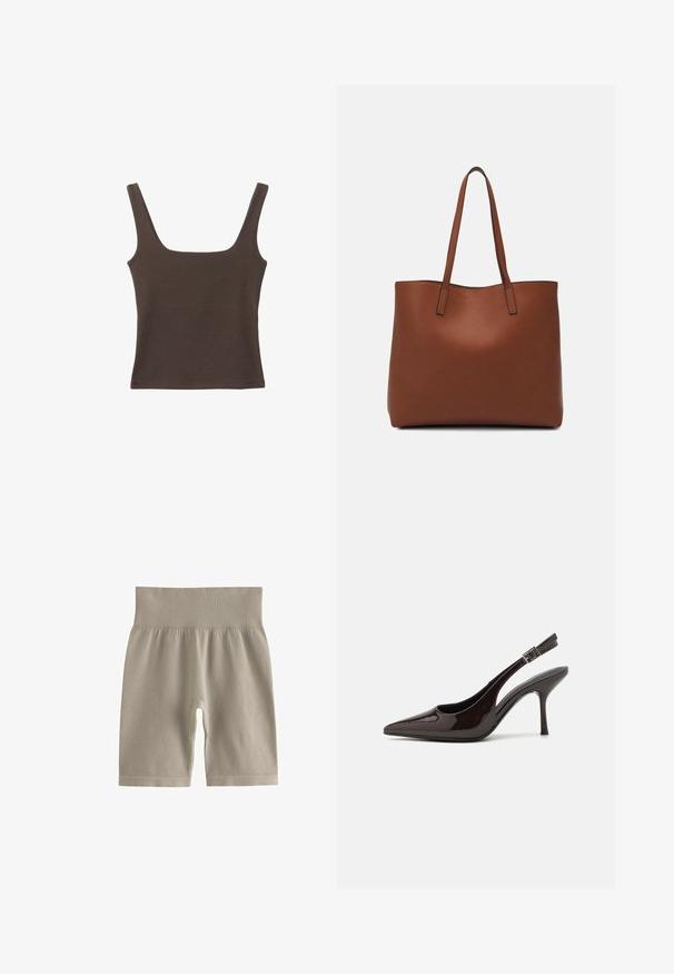 Brun ærmeløs top med firkantet udskæring, lavet af blød, strækbar stof. Har et tætsiddende design og flade sømme.; Lys beige ribbede cykelshorts med høj talje og blød tekstur, der har en tætsiddende pasform og knælangt design.; Slingback højhælet sko i glat mørkebrun patenteret læder, spids tå, åbne sider og justerbar ankelrem.; Brun læder tote taske med en glat overflade, åben topdesign og to skulderremme. Har minimal syning og ingen synlig hardware.