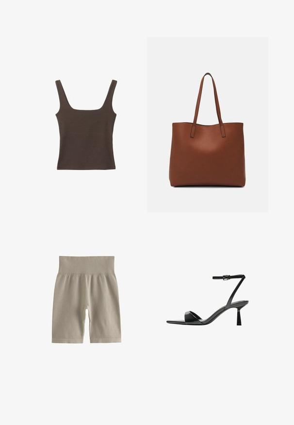 Hnedý bezrúškový top so štvorcovým výstrihom, vyrobený z mäkkého, elastického materiálu. Má priliehavý strih a ploché švy.; Svetlo béžové rebrované bikerské šortky s vysokým pásom a mäkkou textúrou, s priliehavým strihom a dĺžkou po kolená.; Bershka Sandále na vysokom opätku - black; Hnedá kožená taška na rameno s hladkou textúrou, otvoreným vrchom a dvoma ramenými popruhmi. Má minimálne šitia a žiadne viditeľné kovania.