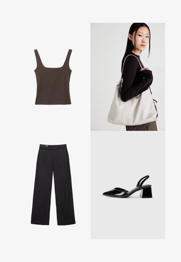 Bruine tanktop zonder mouwen met een vierkante halslijn, gemaakt van zachte, rekbare stof. Heeft een aansluitend ontwerp en platte naden.; Zwarte, wijde broek van een lichtgewicht stof. Voorzien van een platte tailleband en twee voortassen. Eenvoudig, strak ontwerp zonder patronen.; Zwarte gepatineerde leren slingback hakken met een spitse neus en een geometrische blokhak. Kenmerkt zich door een slank, minimalistisch ontwerp en een gladde textuur.; Beige handtas gemaakt van zacht materiaal, met een slonzig ontwerp, gestikte details en twee schouderbanden. Geschikt voor dagelijks gebruik.