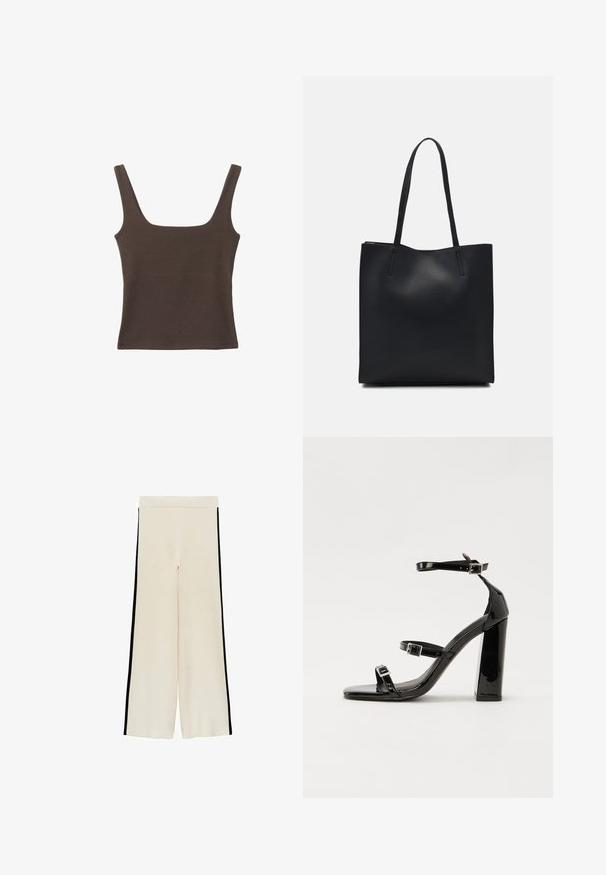 Brun ärmlös topp med fyrkantig halsringning, tillverkad av mjukt, elastiskt tyg. Har en figurnära design och plana sömmar.; Mango Tygbyxor - off-white; Svarta lackerade klacksandaler med fyrkantig tå, ankelremmar och silverfärgade spännen. Har en kraftig blockklack för stabilitet.; Svart lädertoffelväska med slät textur, rektangulär form och två långa handtag. Ingen synlig hårdvara eller dekorationer.