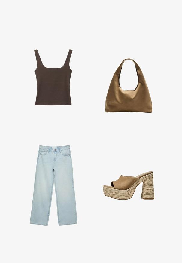 Rjava brezrokavna majica s kvadratnim izrezom, narejena iz mehkega, elastičnega materiala. Ima oprijet kroj in ravne šive.; Svetlo modri široki jeans iz denima, z visokim pasom, petimi žepi in rahlim bledenjem. Ravno krojen s obdelanimi robovi.; Rjave zamšaste platforme mule z odprtim prstom, ki imajo masiven pleteni juten peto in gladko, zaobljeno zgornjo zasnovo.; Brahna torba preko rame iz rjave tkanine s širokim, zaobljenim tijelom i velikim izrezanim ručkom. Meka tekstura, minimalistički dizajn i bez vidljivih metalnih dijelova.