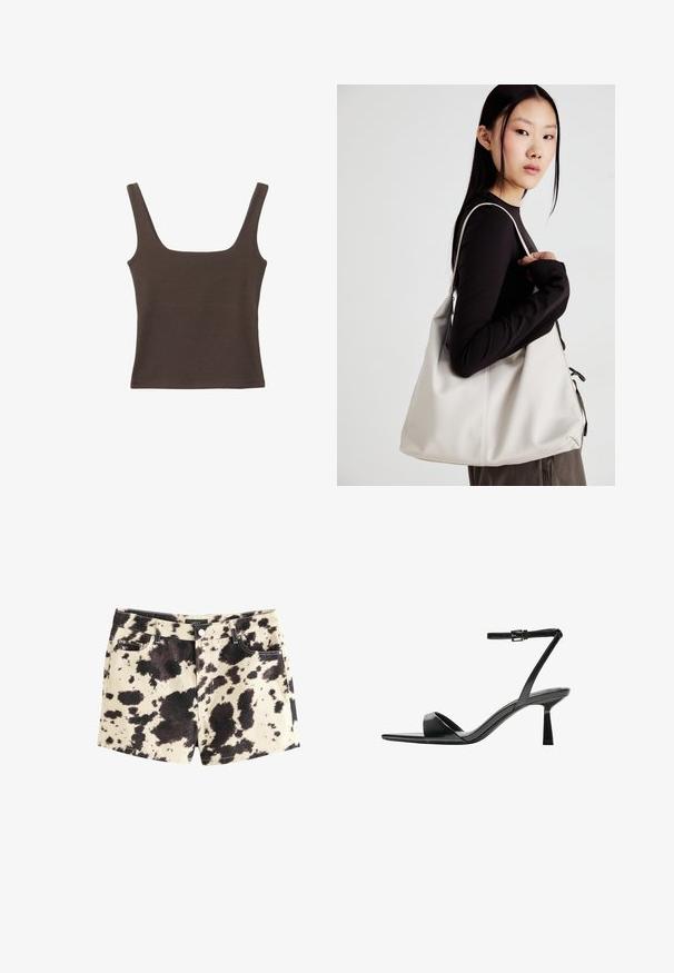 Braunes ärmelloses Oberteil mit quadratischem Ausschnitt, aus weichem, dehnbarem Stoff gefertigt. Verfügt über ein figurbetontes Design und flache Nähte.; Denim-Shorts mit beigem Grundton und einem schwarz-braunen Kuhfell-Muster. Verfügt über fünf Taschen, einen Metallknopfverschluss und Kontrastnähte.; Bershka High Heel Sandalette - black; Beige Handtasche aus weichem Material, mit einem lässigen Design, gesteppten Details und zwei Schulterriemen. Geeignet für den täglichen Gebrauch.