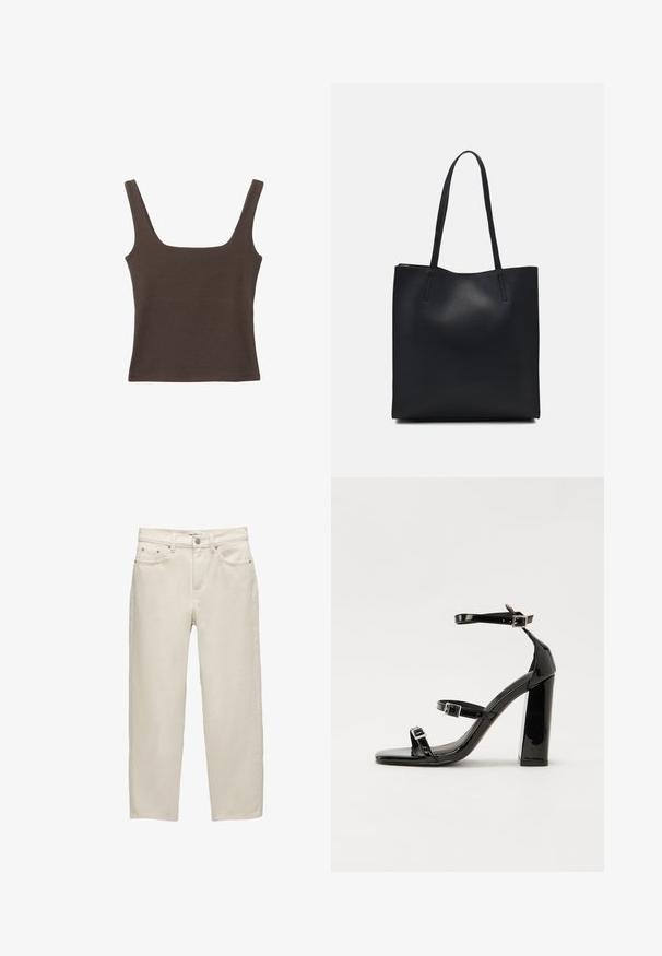 Braunes ärmelloses Oberteil mit quadratischem Ausschnitt, aus weichem, dehnbarem Stoff gefertigt. Verfügt über ein figurbetontes Design und flache Nähte.; Weiße Jeans mit entspannter Passform, geradem Bein, fünf Taschen-Design und metallischen Hardware-Details mit subtiler Textur.; Schwarze patentierte Sandalen mit Absatz, quadratischer Spitze, Knöchelriemen und silbernen Schnallen. Mit einem stabilen Blockabsatz für mehr Stabilität.; Schwarze Laptoptasche aus Leder mit glatter Textur, rechteckiger Form und zwei langen Griffen. Keine sichtbaren Beschläge oder Verzierungen.