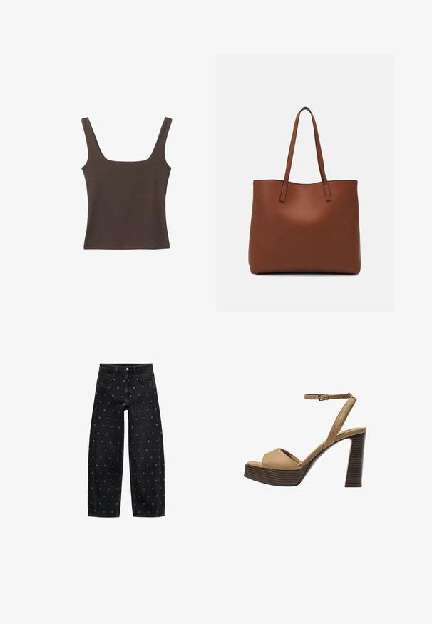 Braunes ärmelloses Oberteil mit quadratischem Ausschnitt, aus weichem, dehnbarem Stoff gefertigt. Verfügt über ein figurbetontes Design und flache Nähte.; Schwarze Jeans mit weitem Bein aus Denim, verziert mit einem Muster aus kleinen silbernen Ösen, klassischem Fünf-Taschen-Design und Knopfverschluss vorne.; Beige Wildleder-Pumps mit hohem Absatz, breitem Vorderband und Knöchelriemen, ausgestattet mit einem klobigen Holzblockabsatz mit strukturiertem Finish.; Braune Leder-Tote mit glatter Textur, offenem Oberteil und zwei Schulterriemen. Verfügt über minimale Nähte und keine sichtbaren Beschläge.