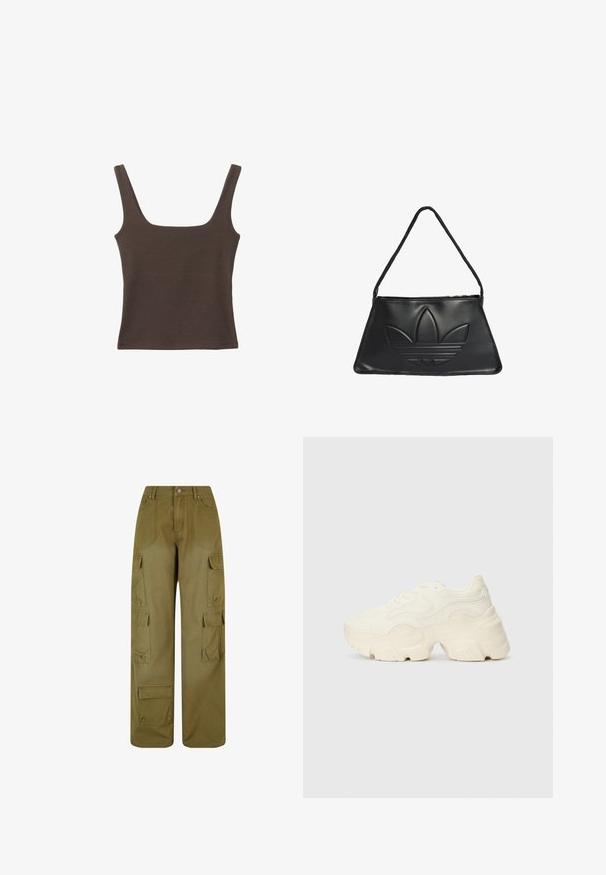 Brązowa bezrękawnikowa bluzka o kwadratowym dekolcie, wykonana z miękkiego, elastycznego materiału. Posiada dopasowany krój i płaskie szwy.; Oliwkowe spodnie cargo wykonane z wytrzymałej tkaniny; mają szerokie nogawki, wiele bocznych kieszeni oraz zapięcie na guzik z przodu.; Podeszwa chunky białych sneakersów wykonana z teksturowanej siateczki i materiałów syntetycznych, z grubą podeszwą i skomplikowanymi detalami wzoru po bokach.; Czarna skórzana torebka w kształcie trapezu, z wystającym logo Adidas i cienkim paskiem na ramię. Zamknięcie na zamek błyskawiczny u góry.