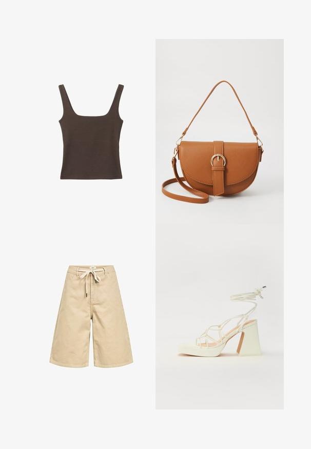 Brązowa bezrękawnikowa bluzka o kwadratowym dekolcie, wykonana z miękkiego, elastycznego materiału. Posiada dopasowany krój i płaskie szwy.; Beżowe bawełniane szorty o luźnym kroju, z regulowanym paskiem w talii, przednimi kieszeniami i gładką fakturą. Widoczne przeszycia na krawędziach.; Biała sandał na wysokim obcasie z masywnym słupkiem, z paskowym wzorem i wiązaniem przy kostce. Gładka faktura z platformą z przodu dla dodatkowej wysokości.; Brązowa skórzana torba na ramię o zaokrąglonym kształcie, ze złotymi akcentami i zapięciem w formie klamry. Posiada odpinany pasek na ramię.