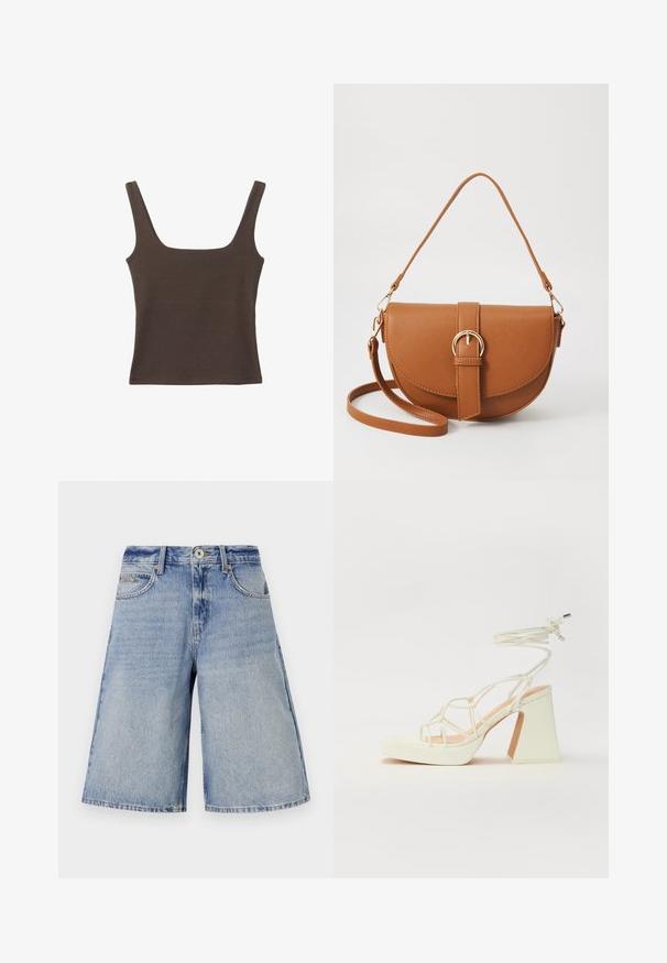 Brun ärmlös topp med fyrkantig halsringning, tillverkad av mjukt, elastiskt tyg. Har en figurnära design och plana sömmar.; Jeansculotter i ljusblått med en urtvättad finish, med hög midja, framfickor och en bred, rak benmodell.; Vit högklackad sandal med en kraftig klack, med ett remdesign och ankelband. Slät textur med en plattform framtill för ökad höjd.; Brun läder crossbody-väska med en böjd form, gyllene detaljer och en spänneaccent. Har en avtagbar axelrem.