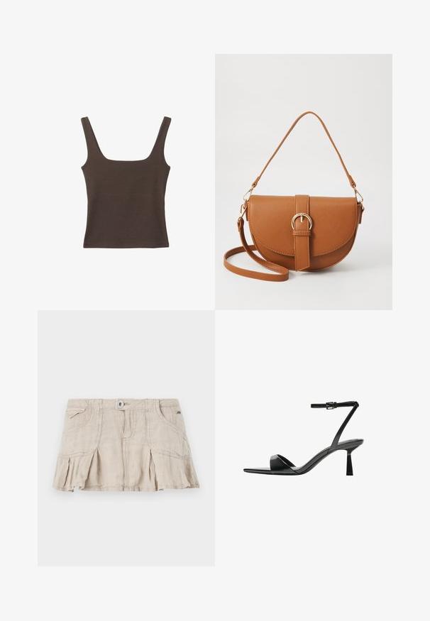 Rjava brezrokavna majica s kvadratnim izrezom, narejena iz mehkega, elastičnega materiala. Ima oprijet kroj in ravne šive.; Bež mini krilo iz lana z nabranim dizajnom, sprednjim gumbom in dvema stranskima žepoma. Ima lahkoten teksturo in priložnosten slog.; Bershka Sandali z visoko peto - black; Rjava usnjena torbica prek telesa s ukrivljeno obliko, zlate opreme in sponko. Ima odstranljiv naramni trak.
