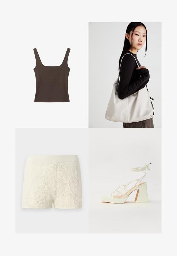 Rjava brezrokavna majica s kvadratnim izrezom, narejena iz mehkega, elastičnega materiala. Ima oprijet kroj in ravne šive.; Pletene kratke hlače v svetlo bež barvi z texturem. Značilna je široka elastična pasna obroba in oprijet kroj.; Bela sandala na visokih petah s debelim petam, ki ima obliko trakcev in vezanje okoli gležnja. Gladka tekstura z platformo spredaj za dodatno višino.; Bežna torbica iz mehkega materiala, z ohlapno zasnovo, šivi in dvema naramnicama. Primerna za vsakodnevno uporabo.