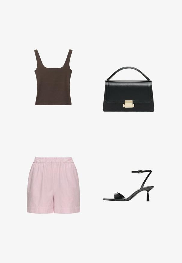 Haut sans manches marron avec un décolleté carré, fabriqué à partir d'un tissu doux et extensible. Présente un design ajusté et des coutures plates.; Shorts rayés avec taille élastique, présentant des rayures verticales rose et blanches, fabriqués en tissu léger et dotés de poches latérales.; Bershka Sandales à talons hauts - black; Sac à main en cuir noir au design structuré, avec une poignée supérieure et un détail de fermoir en métal doré à l'avant. Texture lisse, couture minimale.