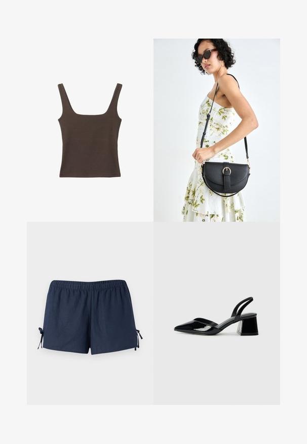 Hnědý bezramínkový top se čtvercovým výstřihem vyrobený z měkké, elastické tkaniny. Má přiléhavý design a ploché švy.; Námořnické modré kraťasy s elastickým pasem a nastavovacími stuhami na bocích. Tkanina se zdá být hladká s mírným leskem. Uvolněný střih, nad koleno.; Černé lakované kožené lodičky na pásku s špičatou špičkou a geometrickým blokovým podpatkem. Vyznačují se elegantním, minimalistickým designem a hladkým povrchem.; Černá kožená kabelka s křivkovým tvarem, odnímatelným popruhem a zlatými detaily. Kabelka má klopu s přezkou.