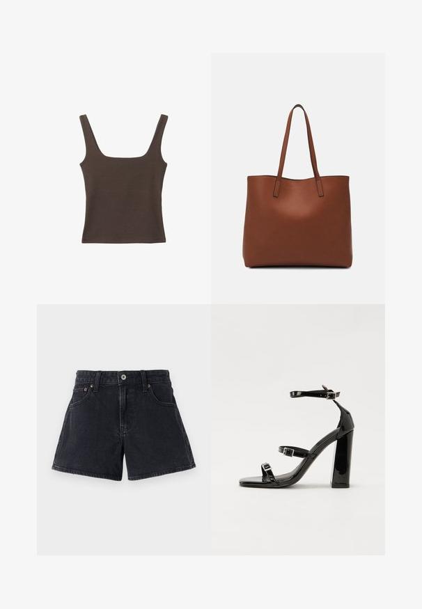 Hnědý bezramínkový top se čtvercovým výstřihem vyrobený z měkké, elastické tkaniny. Má přiléhavý design a ploché švy.; Černé denimové šortky s klasickým střihem, pěti kapsami, kovovým zapínáním a tónovaným švem. Materiál má mírně texturovaný povrch.; Černé lakované sandály na podpatku se čtveratou špičkou, lýtkovými pásky a stříbrnými přezkami. Disponují masivním blokovým podpatkem pro stabilitu.; Hnědá kožená taška přes rameno s hladkou texturou, otevřeným designem a dvěma ramenními popruhy. Obsahuje minimální švy a žádné viditelné kovové prvky.