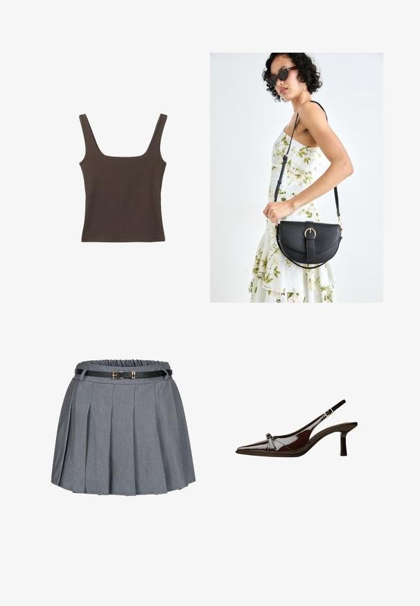 Brun ärmlös topp med fyrkantig halsringning, tillverkad av mjukt, elastiskt tyg. Har en figurnära design och plana sömmar.; Grå plisserad kjol med en samlad midja och ett svart bälte med en guldspänneaccent. Mjuk tyg med en slät textur.; Brun lackläder slingback-sko med spetsig tå, låg klack och en dekorerande rosett på framsidan. Slät, glansig yta.; Svart läderhandväska med en böjd form, avtagbar rem och guldiga detaljer. Väskan har ett lock med en spänndetalj.