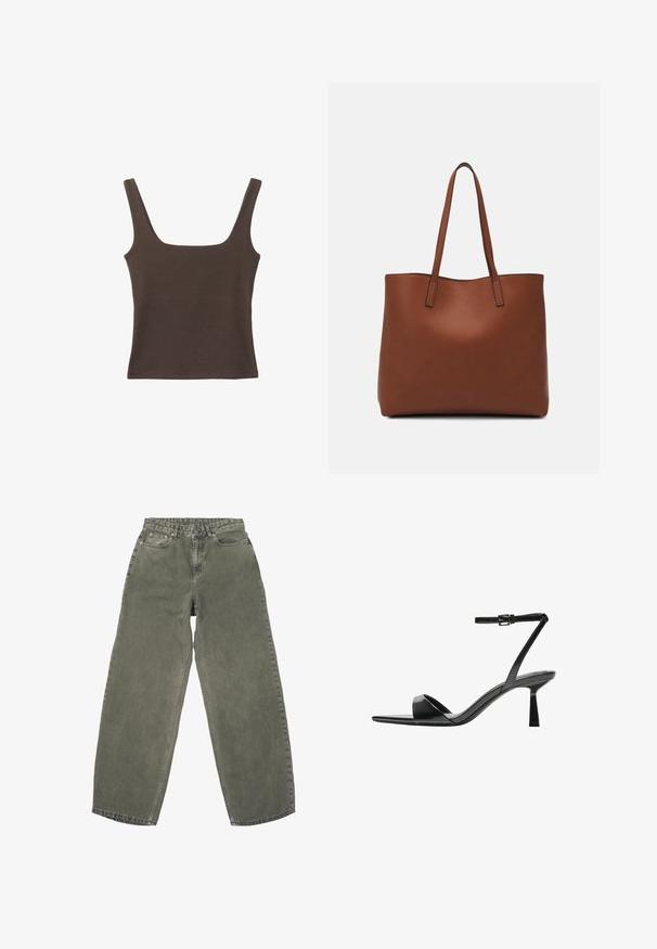 Brun ärmlös topp med fyrkantig halsringning, tillverkad av mjukt, elastiskt tyg. Har en figurnära design och plana sömmar.; Dr.Denim DONNA - Jeans relaxed fit - washed olive; Bershka Sandaletter - black; Brun läder tote-väska med en slät textur, öppen toppdesign och två axelremmar. Har minimal söm och ingen synlig metalldetalj.