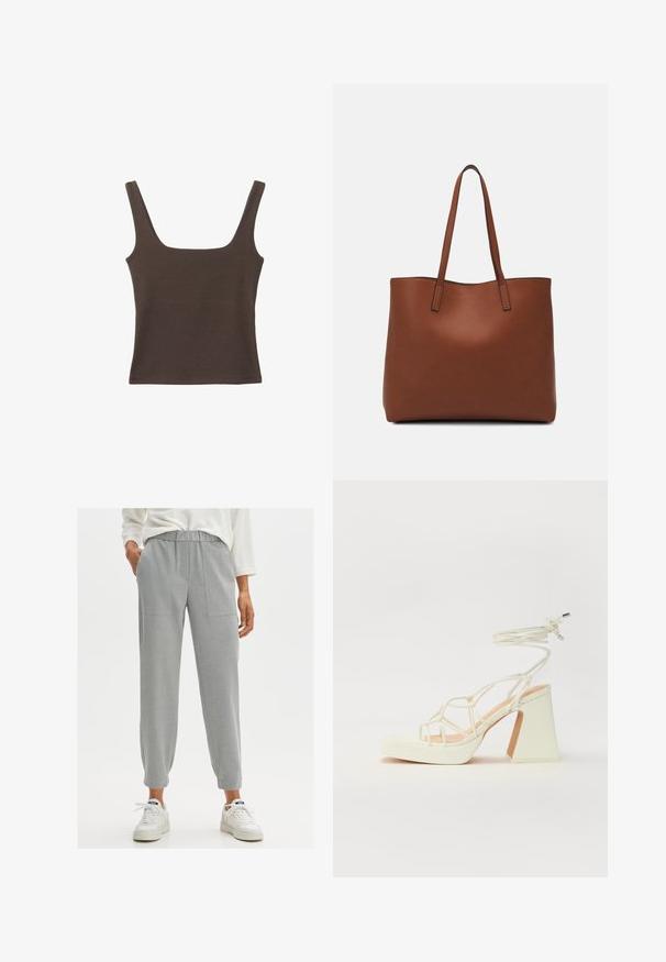 Braunes ärmelloses Oberteil mit quadratischem Ausschnitt, aus weichem, dehnbarem Stoff gefertigt. Verfügt über ein figurbetontes Design und flache Nähte.; OPUS MYHA - Stoffhose - hazy fog melange; Weiße High-Heel-Sandale mit einem klobigen Absatz, die über ein Riemchendesign und ein Knöchelband verfügt. Glatte Textur mit einer Plattform vorne für zusätzliche Höhe.; Braune Leder-Tote mit glatter Textur, offenem Oberteil und zwei Schulterriemen. Verfügt über minimale Nähte und keine sichtbaren Beschläge.