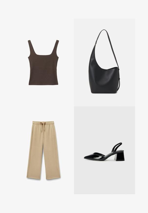Brun ærmeløs top med firkantet udskæring, lavet af blød, strækbar stof. Har et tætsiddende design og flade sømme.; Beige brede sweatpants med elastisk talje, justerbar snor og sidelommer; blødt stof med en glat tekstur.; Sorte patentlæder slingback hæle med spids tå og en geometrisk blok hæl. Har et elegant, minimalistisk design og en glat tekstur.; Sort læder hobo taske med en glat overflade, buet form og en enkelt justerbar rem; har en bred åbning øverst.