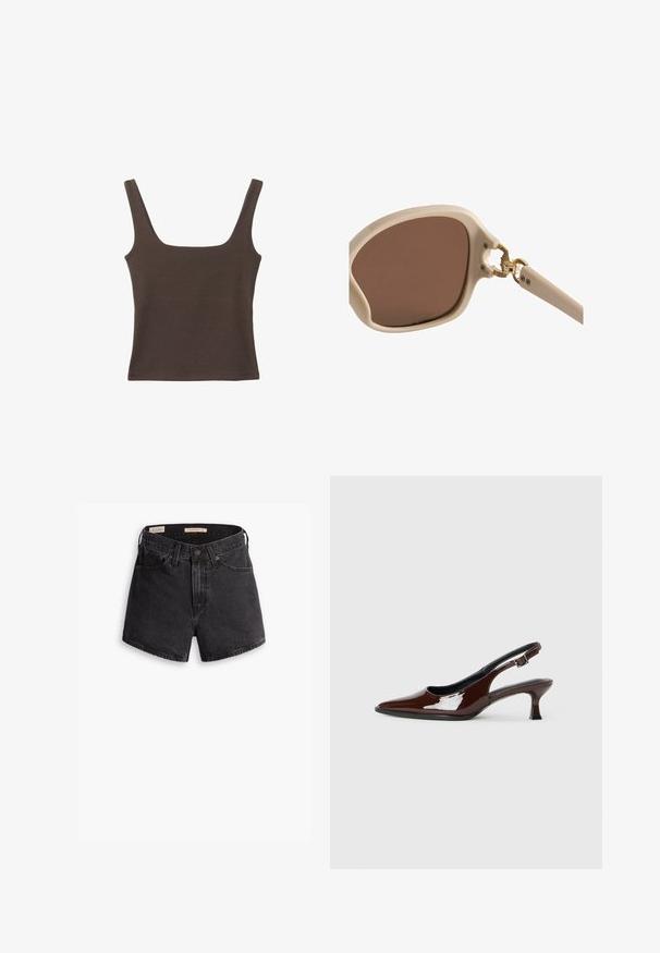 Haut sans manches marron avec un décolleté carré, fabriqué à partir d'un tissu doux et extensible. Présente un design ajusté et des coutures plates.; Shorts en denim noir taille haute, avec une fermeture à bouton sur le devant, quatre poches et une finition légèrement déchirée.; Chaussure slingback en cuir verni marron avec un bout pointu et un talon modéré. Elle est dotée d'une sangle à boucle pour un ajustement sécuritaire. Texture lisse.; Lunettes de soleil beige clair avec des verres marron, monture carrée arrondie, accents dorés au niveau des charnières et branches légèrement texturées.