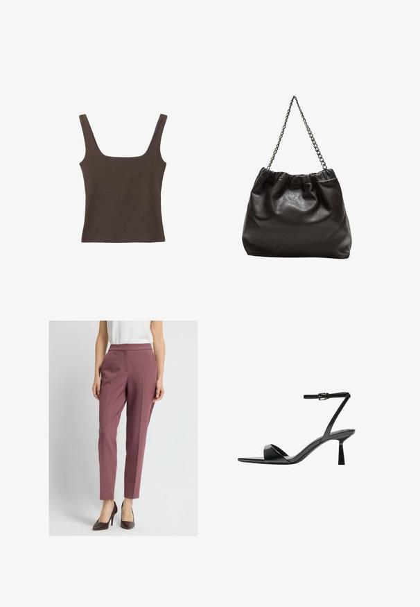 Ruskea hihaton toppi, jossa on neliönmuotoinen kaula-aukko, valmistettu pehmeästä ja joustavasta kankaasta. Ominaisuuksiin kuuluu istuva muotoilu ja sileät saumat.; Housut hillityssä purppurakankaassa, mukautettu malli, kapenevat lahkeet, etupainokset ja sivutaskut; käytetään tummien korkokenkien kanssa.; Bershka Korolliset sandaalit - black; Ruskea nahkainen laukku, jossa on kerätty yläosa ja ketjuhihna. Tasainen pinta, jossa kiiltävä viimeistely ja hienovaraiset sauman yksityiskohdat sivuilla.