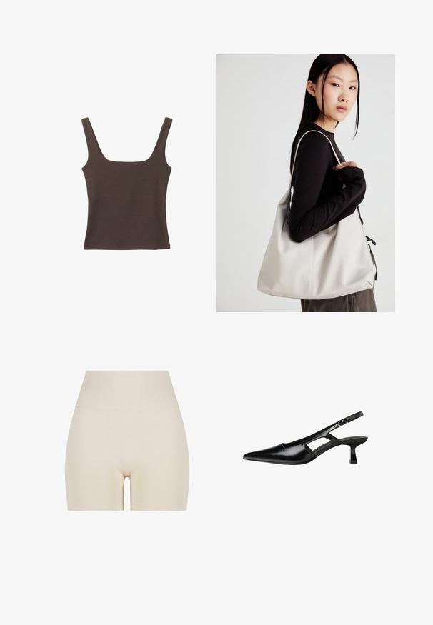 Top senza maniche marrone con scollo quadrato, realizzato in tessuto morbido ed elastico. Presenta un design aderente e cuciture piatte.; Pantaloni shorts beige con una texture liscia, vita alta a costine e vestibilità elastica, caratterizzati da una lunghezza fino alla coscia e senza motivi visibili.; Tacchi slingback in pelle verniciata nera con punta affusolata, design con tagli laterali e tacco quadrato piccolo. Texture liscia con dettagli minimi.; Borsa a mano beige realizzata in materiale morbido, caratterizzata da un design morbido, dettagli cuciti e due manici. Adatta per l'uso quotidiano.