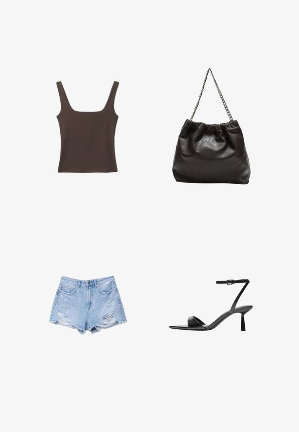 Ruskea hihaton toppi, jossa on neliönmuotoinen kaula-aukko, valmistettu pehmeästä ja joustavasta kankaasta. Ominaisuuksiin kuuluu istuva muotoilu ja sileät saumat.; Vaaleansiniset farkkushortsit, joissa on hapsutetut helmukset ja kulutettu yksityiskohta, etupussit ja napitus.; Bershka Korolliset sandaalit - black; Ruskea nahkainen laukku, jossa on kerätty yläosa ja ketjuhihna. Tasainen pinta, jossa kiiltävä viimeistely ja hienovaraiset sauman yksityiskohdat sivuilla.