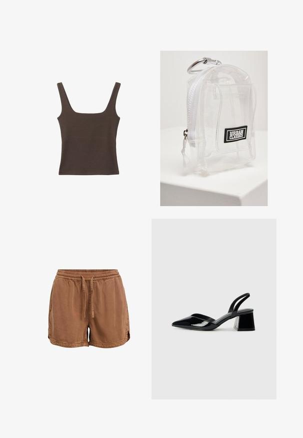 Braunes ärmelloses Oberteil mit quadratischem Ausschnitt, aus weichem, dehnbarem Stoff gefertigt. Verfügt über ein figurbetontes Design und flache Nähte.; Braune Shorts aus weichem Stoff, mit elastischem Bund, verstellbarem Kordelzug und Seitentaschen. Saum mit kleinen seitlichen Schlitzen.; Schwarze Lackleder-Slingback-High Heels mit spitzem Schuh und einem geometrischen Blockabsatz. Verfügt über ein schlankes, minimalistisches Design und eine glatte Textur.; Klarer PVC-Mini-Rucksack mit weißem Reißverschluss und Riemen. Mit einem schwarzen Logo-Patch und einem silbernen Karabiner ausgestattet. Kompakte rechteckige Form.