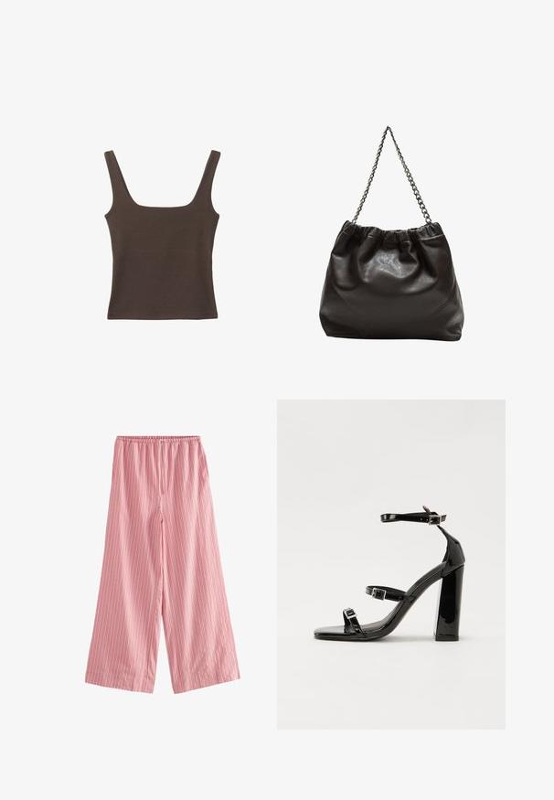 Braunes ärmelloses Oberteil mit quadratischem Ausschnitt, aus weichem, dehnbarem Stoff gefertigt. Verfügt über ein figurbetontes Design und flache Nähte.; Next TEXTURED STRIPE WIDE LEG - Stoffhose - pink; Schwarze patentierte Sandalen mit Absatz, quadratischer Spitze, Knöchelriemen und silbernen Schnallen. Mit einem stabilen Blockabsatz für mehr Stabilität.; Braune Lederhandtasche mit gerafftem Oberteil und Kettenriemen. Glatte Textur mit glänzendem Finish und subtilen Nahtdetails an den Seiten.
