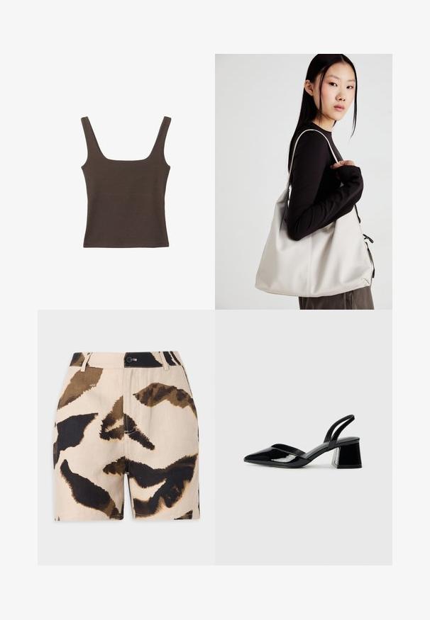 Hnědý bezramínkový top se čtvercovým výstřihem vyrobený z měkké, elastické tkaniny. Má přiléhavý design a ploché švy.; Béžové šortky s hnědým a černým abstraktním zvířecím potiskem, s knoflíkovým zapínáním, poutky na opasek a texturovanou tkaninou.; Černé lakované kožené lodičky na pásku s špičatou špičkou a geometrickým blokovým podpatkem. Vyznačují se elegantním, minimalistickým designem a hladkým povrchem.; Beige kabelka vyrobená z měkkého materiálu, s volným designem, prošívanými detaily a dvěma ramenními popruhy. Vhodná pro každodenní použití.