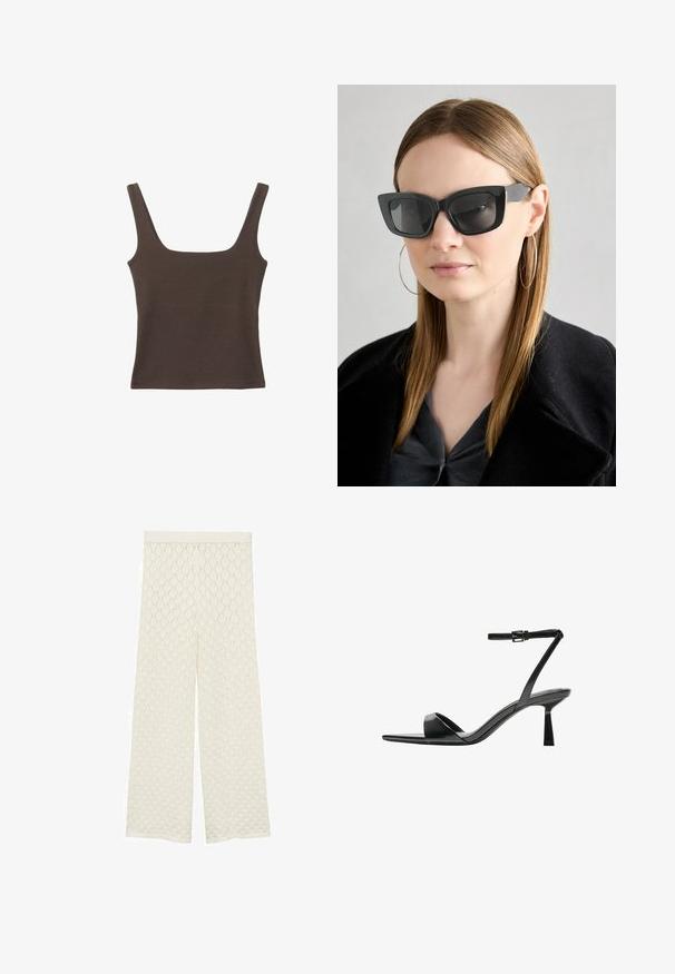 Top senza maniche marrone con scollo quadrato, realizzato in tessuto morbido ed elastico. Presenta un design aderente e cuciture piatte.; Pantaloni a gamba larga di colore crema con tessuto strutturato a motivo diamante. Presentano una vita liscia e una vestibilità morbida e ariosa.; Bershka Sandali con tacco - black; Occhiali da sole a forma di occhio di gatto neri con lenti scure, montatura spessa e dettagli sottili. Indossati con un cappotto nero e una maglia grigia, con capelli lunghi e lisci.