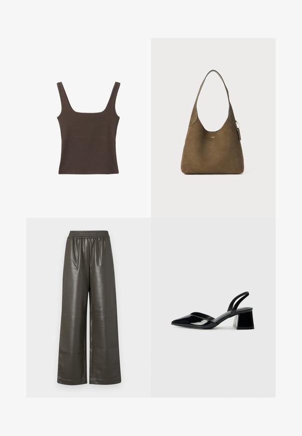 Brun ærmeløs top med firkantet udskæring, lavet af blød, strækbar stof. Har et tætsiddende design og flade sømme.; Bredde ben, mørke olivengrønne bukser i faux læder med en elastisk talje og midtersynsdetaljer, der har en glat, blank tekstur.; Sorte patentlæder slingback hæle med spids tå og en geometrisk blok hæl. Har et elegant, minimalistisk design og en glat tekstur.; Brun ruskind skuldertaske med en buet silhuet, glat læderhank og detaljer i guldtonet metal. Minimalistisk design med sømløse kanter.