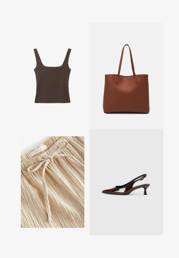 Rjava brezrokavna majica s kvadratnim izrezom, narejena iz mehkega, elastičnega materiala. Ima oprijet kroj in ravne šive.; Bež šortsi z teksturo, ki imajo nabran pas in sprednji detajl s privezovanjem, narejeni iz lahkega materiala z drobnimi vertikalnimi črtami.; Rjavi lakirani slingback čevelj z ostro konico in zmerno peto. Ima zaponko za varno prileganje. Gladka tekstura.; Rjava usnjena torba z gladko teksturo, odprto zasnovo zgoraj in dvema naramnima trakovoma. Opremljena je z minimalnim šivanjem in brez vidnih kovinskih delov.