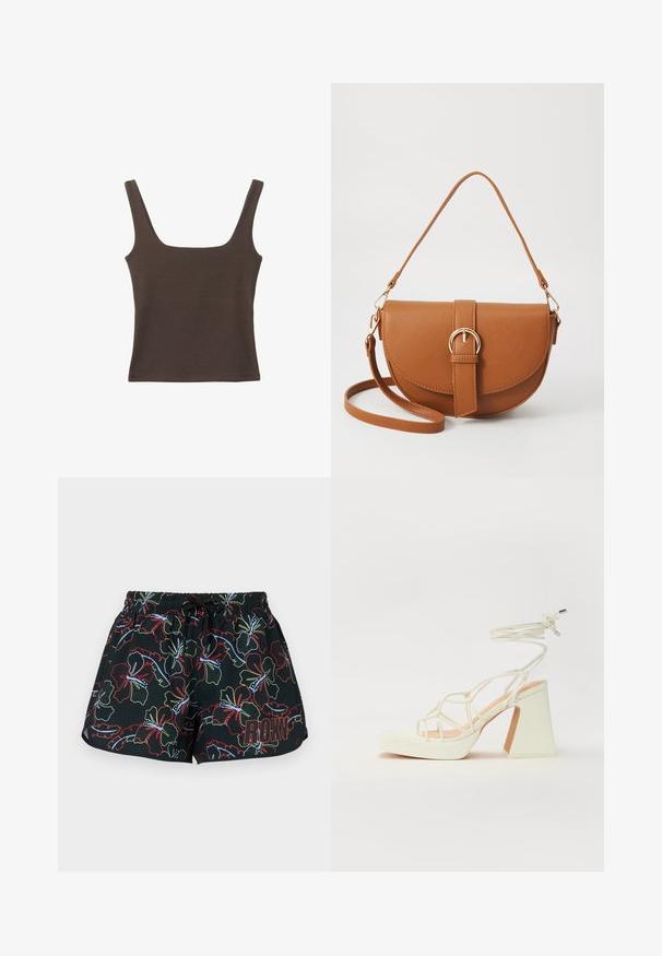 Brun ærmeløs top med firkantet udskæring, lavet af blød, strækbar stof. Har et tætsiddende design og flade sømme.; Sorte badshorts med et farverigt blomsterdesign i rød, grøn og blå. Elastisk talje med snor; "ROXY" logo på siden.; Hvide højhælede sandaler med en kraftig hæl, der har et stropdesign og ankelbinding. Glat tekstur med en platform foran for ekstra højde.; Brun læder crossbody taske med en buet form, guldfarvet hardware og en spændeaccent. Har en aftagelig skulderrem.