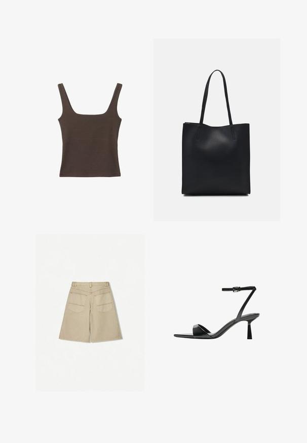 Rjava brezrokavna majica s kvadratnim izrezom, narejena iz mehkega, elastičnega materiala. Ima oprijet kroj in ravne šive.; Bež šortsi s prostornim krojem, izdelani iz denima. Imajo dva zadnja žepka in kontrastne oranžne šive. Rob se konča pod kolenom.; Bershka Sandali z visoko peto - black; Črna usnjena torba s svilnato teksturo, pravokotne oblike in dvema dolgima ročajema. Brez vidnih metalnih delov ali okrasnih elementov.