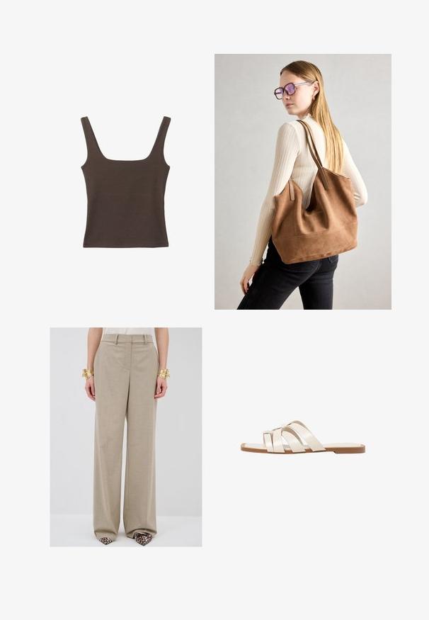 Braunes ärmelloses Oberteil mit quadratischem Ausschnitt, aus weichem, dehnbarem Stoff gefertigt. Verfügt über ein figurbetontes Design und flache Nähte.; Beige weite Hose mit subtiler Textur, ausgestattet mit Fronttaschen, einem taillierten Bund und einer geraden Silhouette.; Flache Sandalen mit einer honigfarbenen Gummisohle, gestaltet mit drei überlappenden weißen Lederriemen und einem kleinen Schleifendetail in der Mitte.; Braune Wildleder-Tasche mit weicher Textur, großer Öffnung und langen Trägern. Sie verfügt über ein simples Design mit sichtbarem Stich und ohne Beschläge.