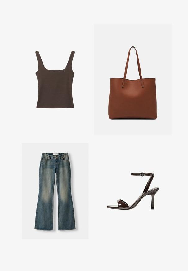 Brun ærmeløs top med firkantet udskæring, lavet af blød, strækbar stof. Har et tætsiddende design og flade sømme.; Blå flared jeans med en falmet vask, fem lommer og knaplukning. Materialet viser en denimtekstur med subtile syninger.; Brune patentlæder højhælede sandal med ankelrem, åben tå og et elegant, minimalistisk design. Udstyret med en firkantet hæl.; Brun læder tote taske med en glat overflade, åben topdesign og to skulderremme. Har minimal syning og ingen synlig hardware.